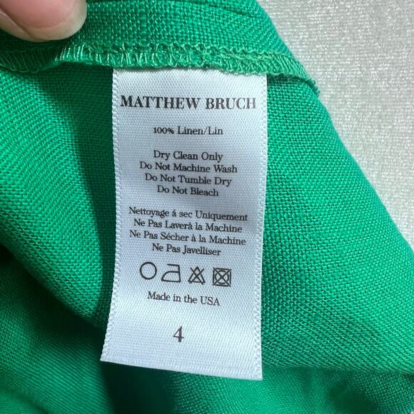 MATTHEW BRUCH Linen Button Front Safari Dress in Kelly Green Belted Women's 4 - Picture 10 of 11